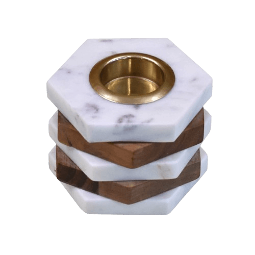 BRASS WOOD MARBLE TAPER CANDLE HOLDER